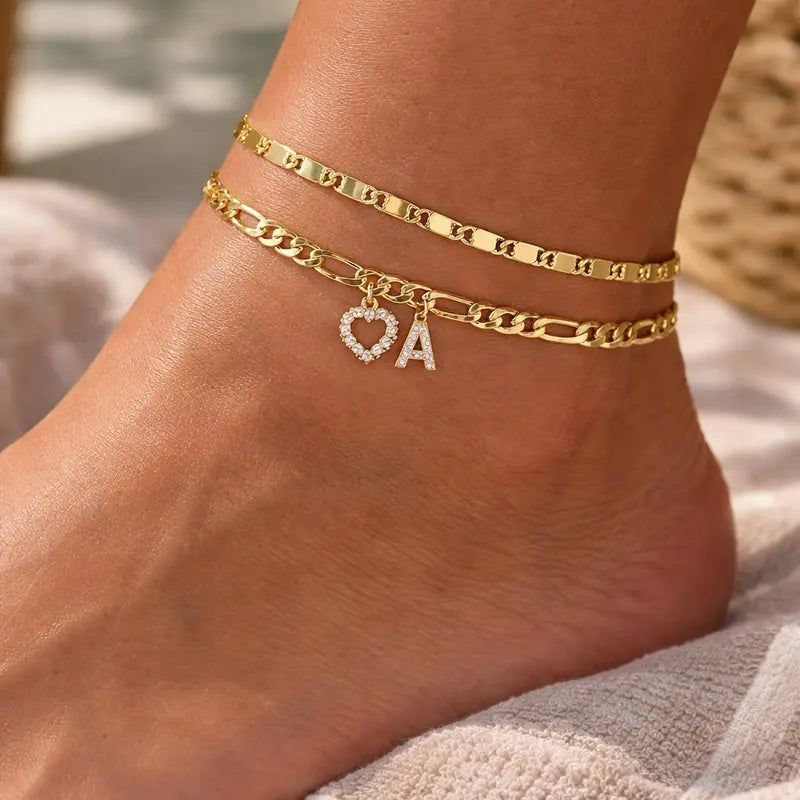 2pc 14k Letter Initial & Diamond Heart Anklet