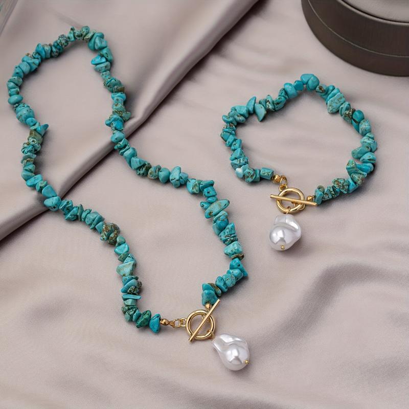 Boho Pearl Pendant Toggle Clasp Necklace & Bracelet Set