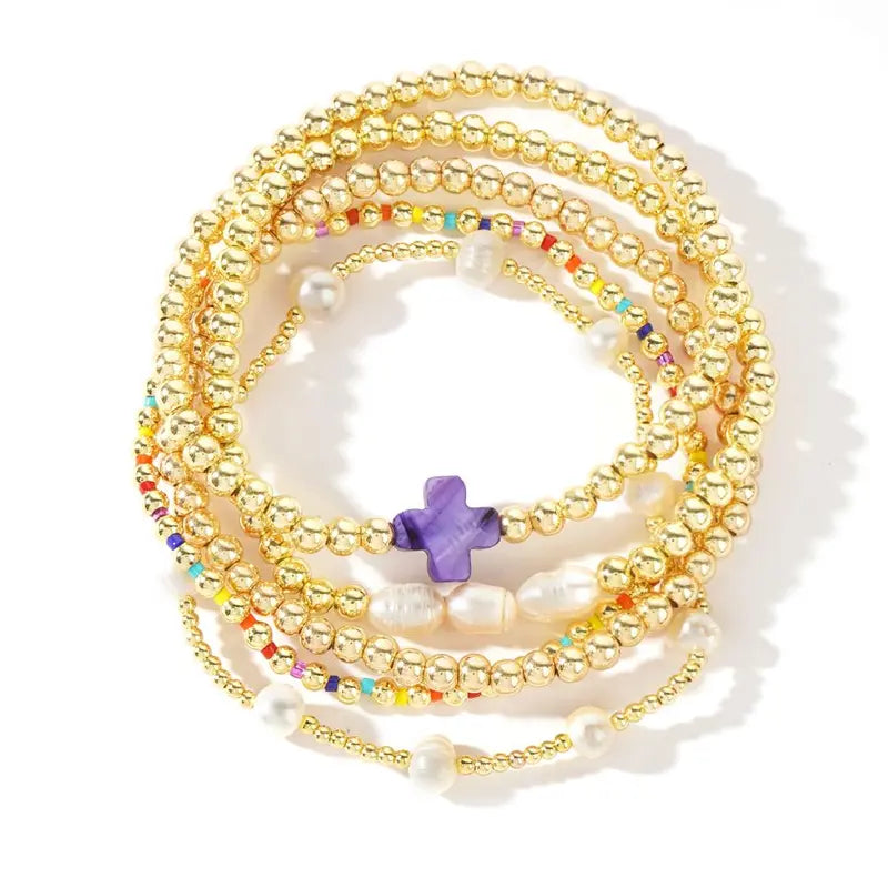 5pc Colorful Boho Pearl & Cross Beaded Bracelet Stack