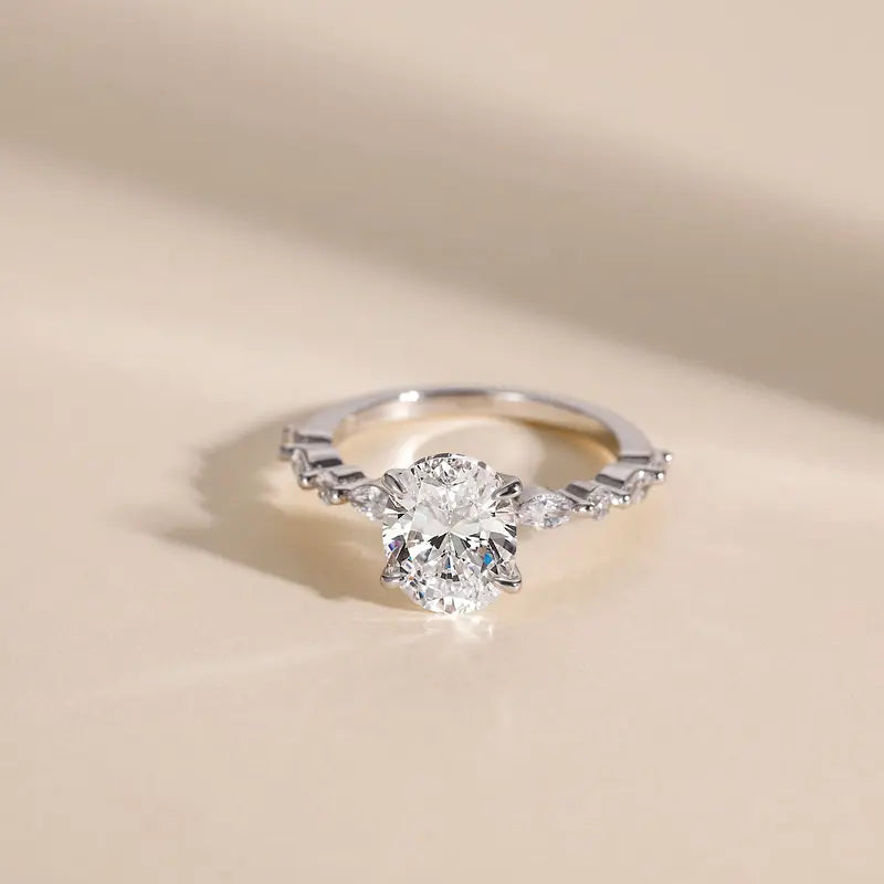 S925 3CT Elegant Oval Set Moissanite Accented Band Ring
