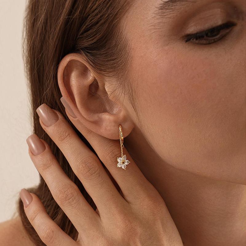 18k Dainty Hoop Floral Dangle Earrings