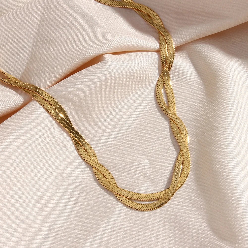 18k Interwoven Herringbone Chain Necklace and Bracelet Set