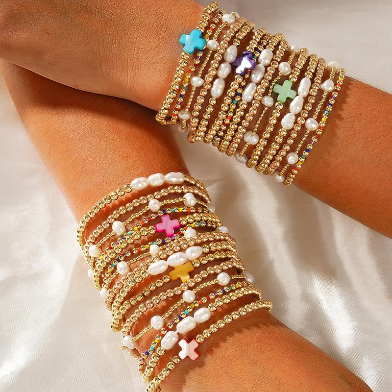 5pc Colorful Boho Pearl & Cross Beaded Bracelet Stack