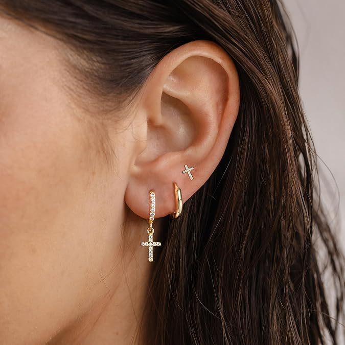 14k 3pc Dainty Cross Earrings Stack