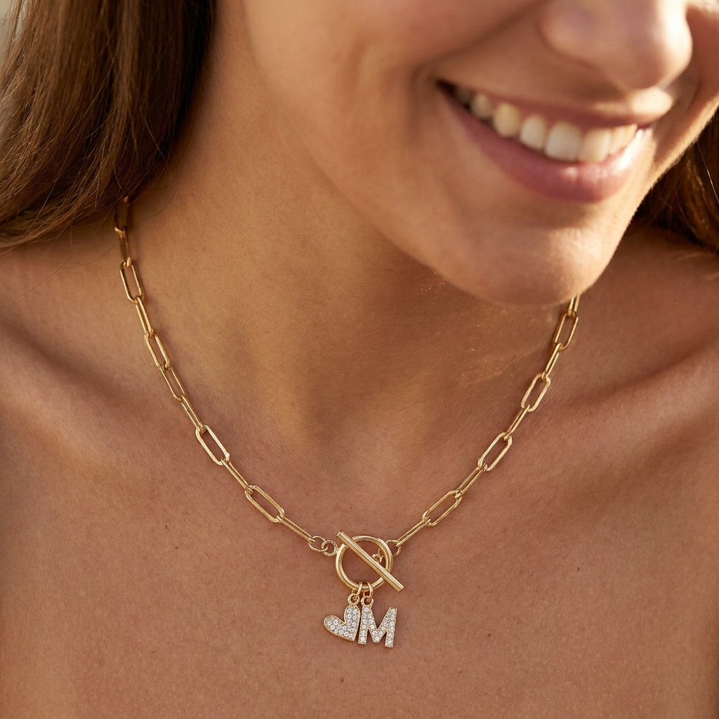 Paperclip Diamond Letter Initial Heart Charm Toggle Clasp Necklace