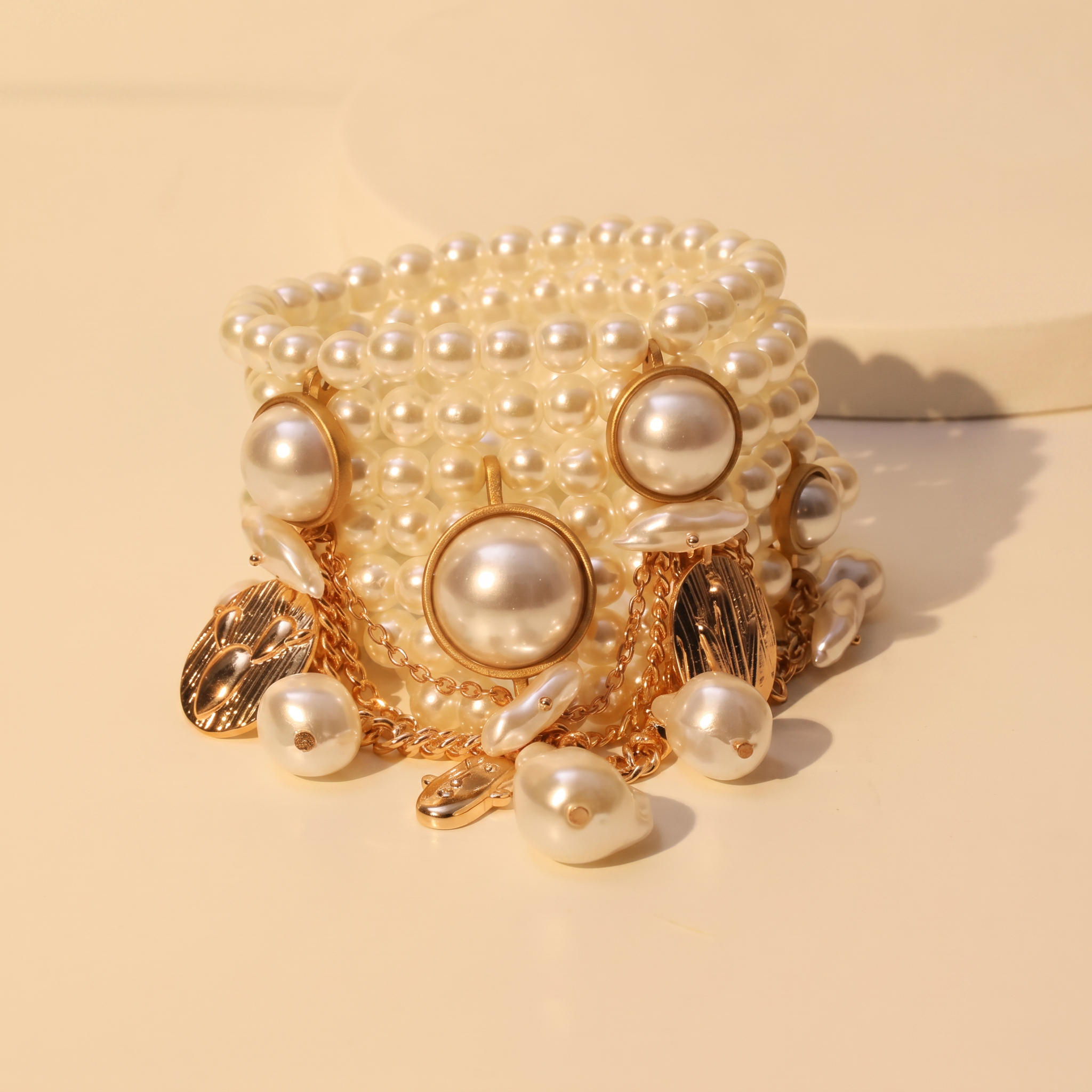 Gold Accented Chunky Pearl Bracelets Stack