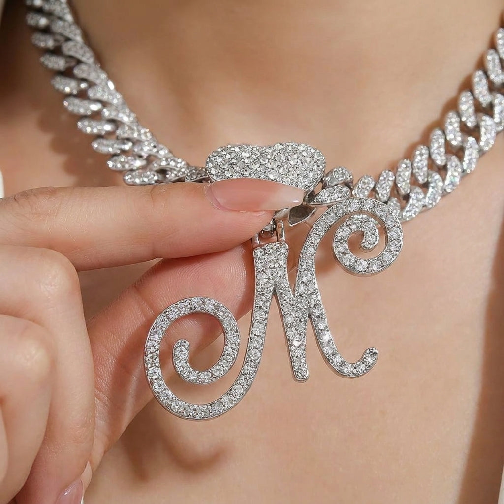 Cursive Diamond Accented Initial Cuban Heart Necklace