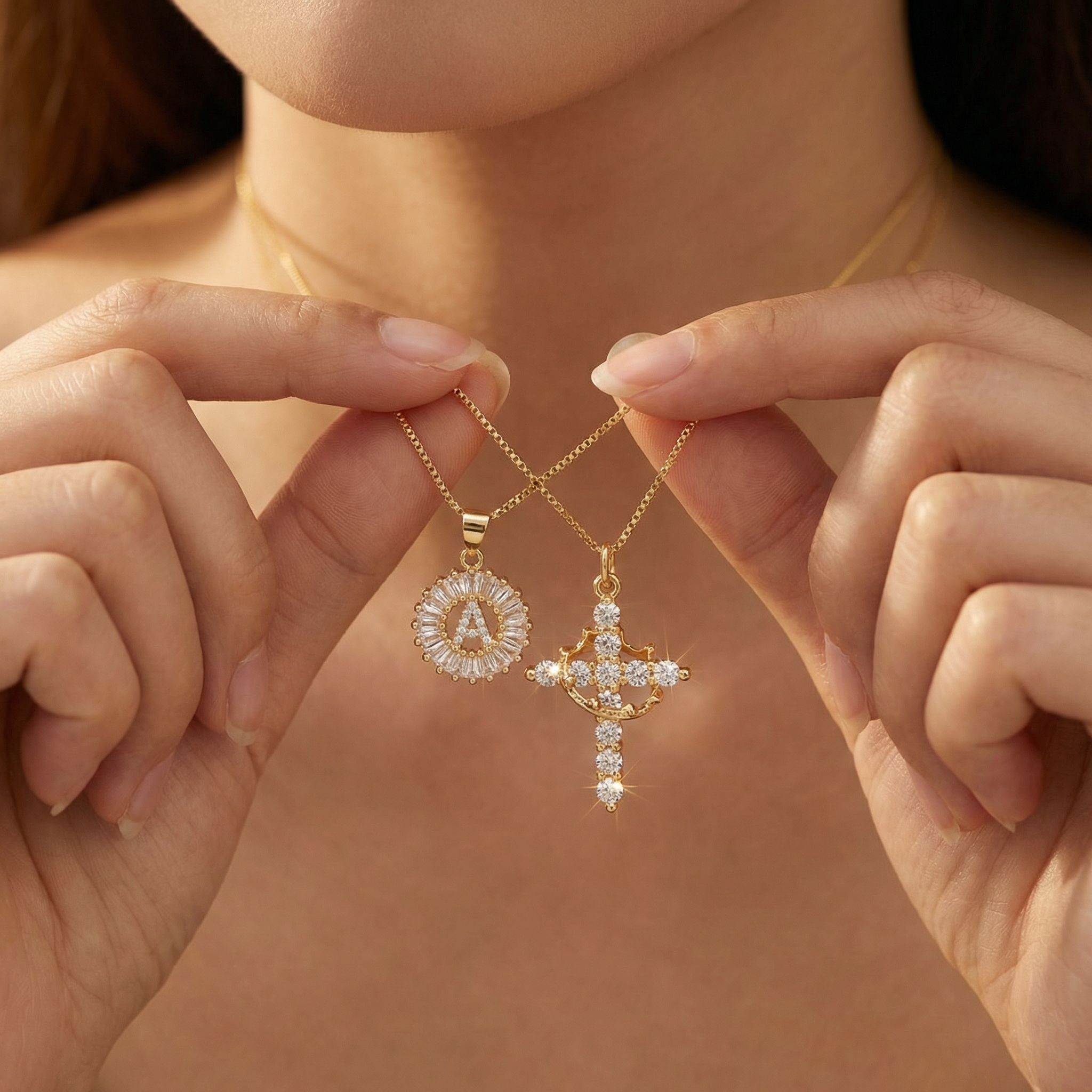 2pc 14k Diamond Cross Crown & Initial Necklace Set
