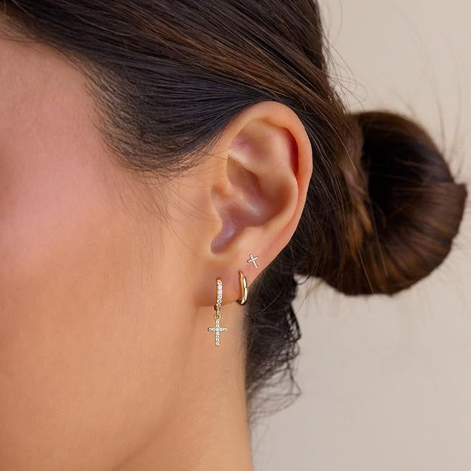14k 3pc Dainty Cross Earrings Stack