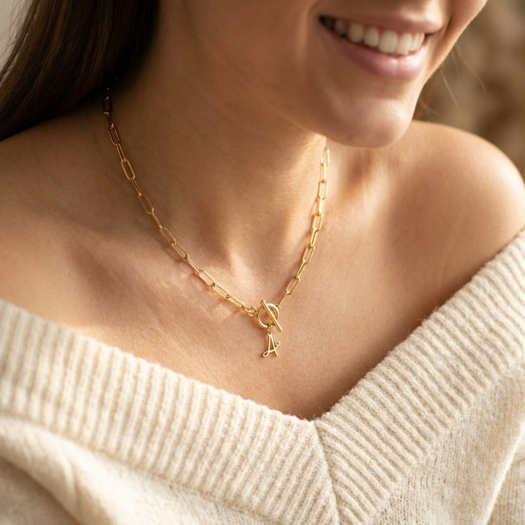 Paperclip Heart Letter Initial Toggle Clasp Necklace