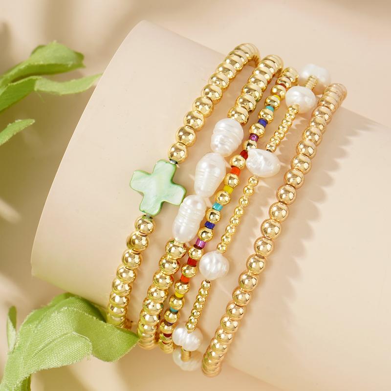 5pc Colorful Boho Pearl & Cross Beaded Bracelet Stack