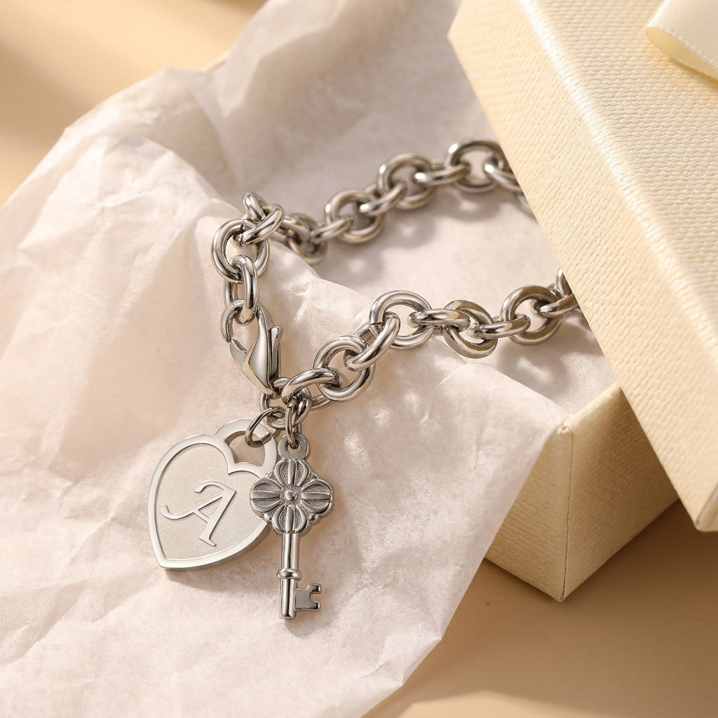 Chunky Clip Heart & Key Letter Initial Bracelet