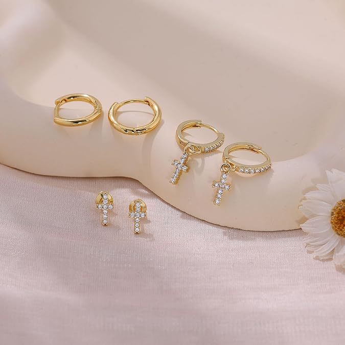 14k 3pc Dainty Cross Earrings Stack