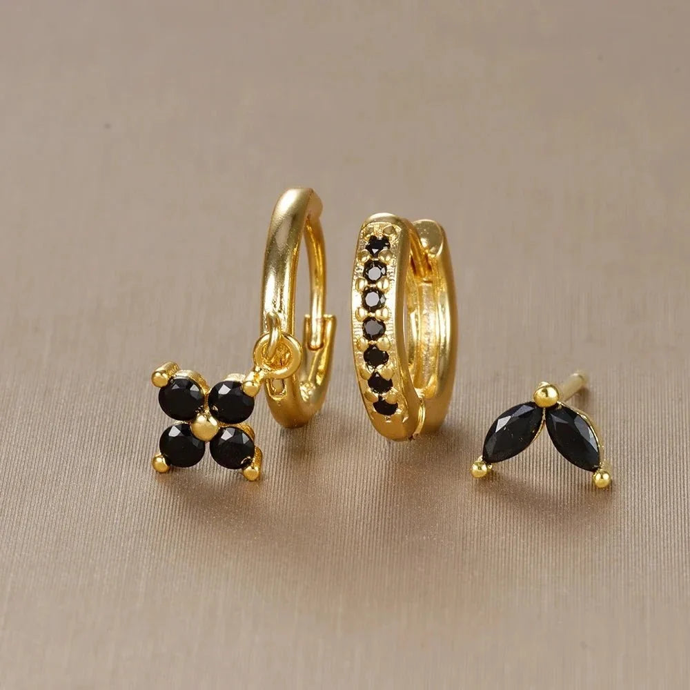 3pc Dainty Floral Huggie Whale Earrings Set