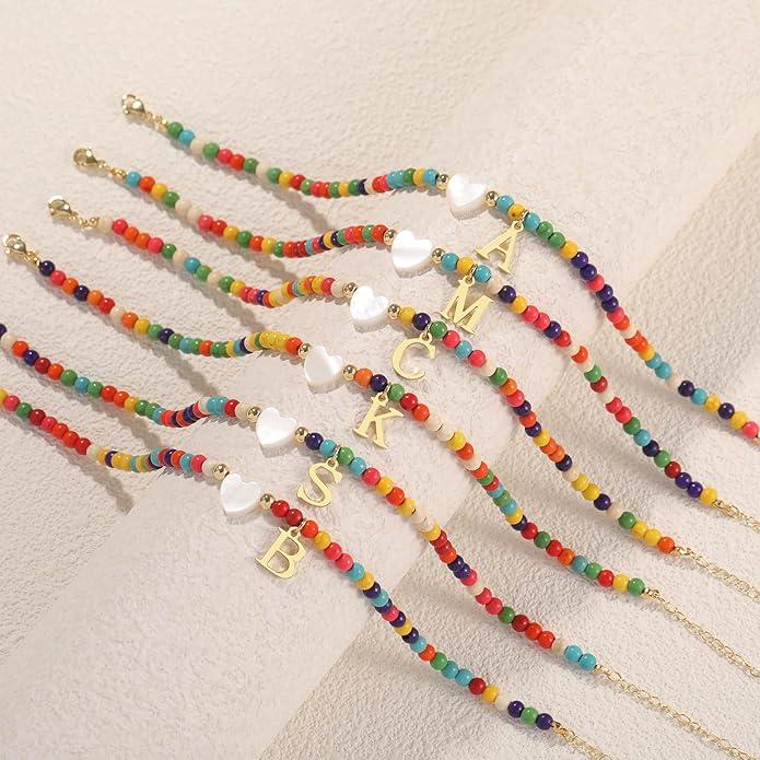 Colorful Pearl Heart Initial Anklet