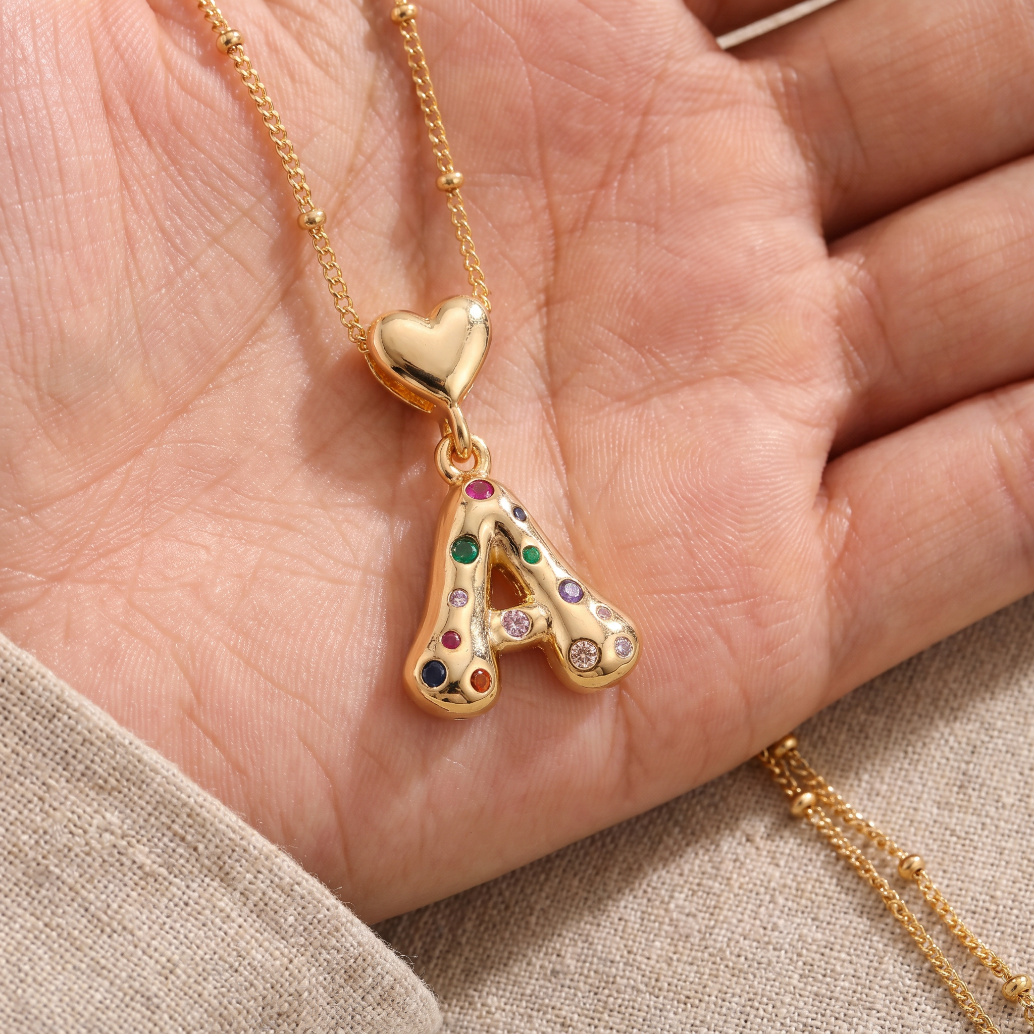 Colorful Chunky Heart Initial Satellite Chain Necklace