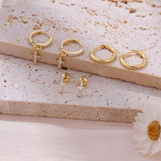 14k 3pc Dainty Cross Earrings Stack