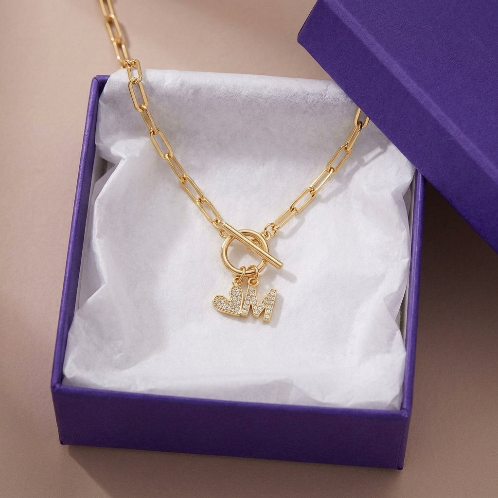 Paperclip Diamond Letter Initial Heart Charm Toggle Clasp Necklace