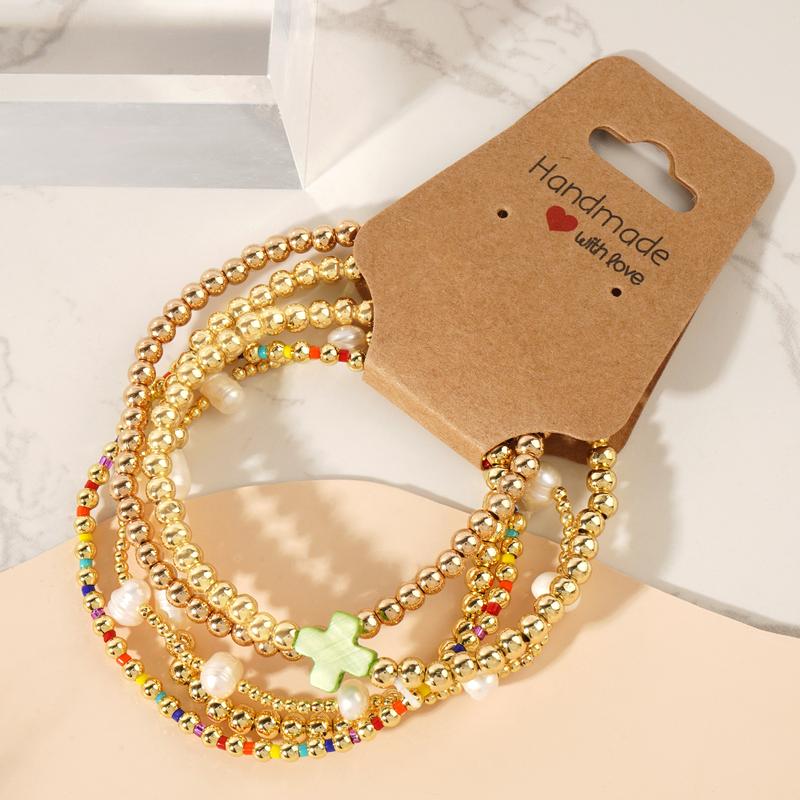 5pc Colorful Boho Pearl & Cross Beaded Bracelet Stack