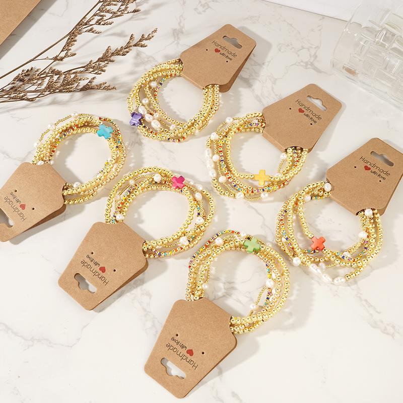 5pc Colorful Boho Pearl & Cross Beaded Bracelet Stack