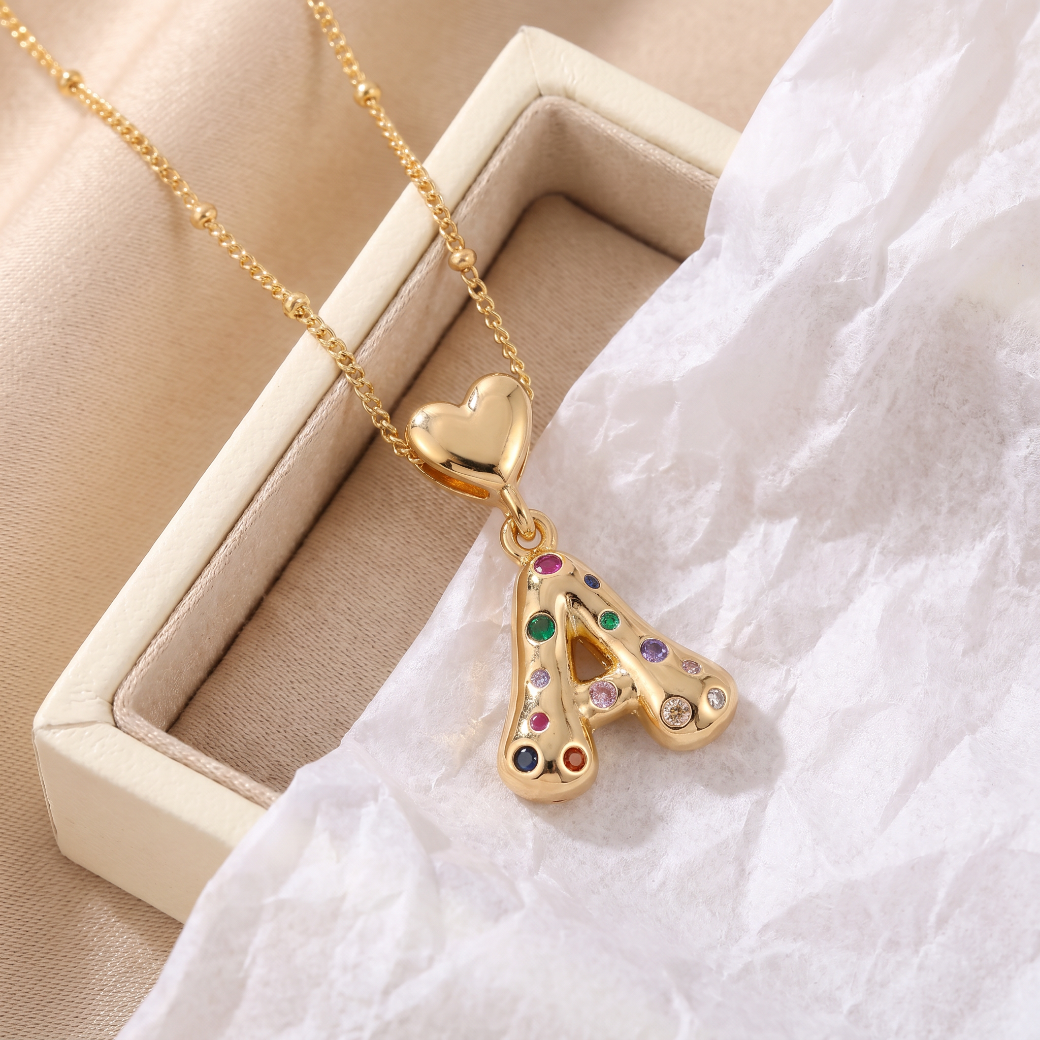 Colorful Chunky Heart Initial Satellite Chain Necklace