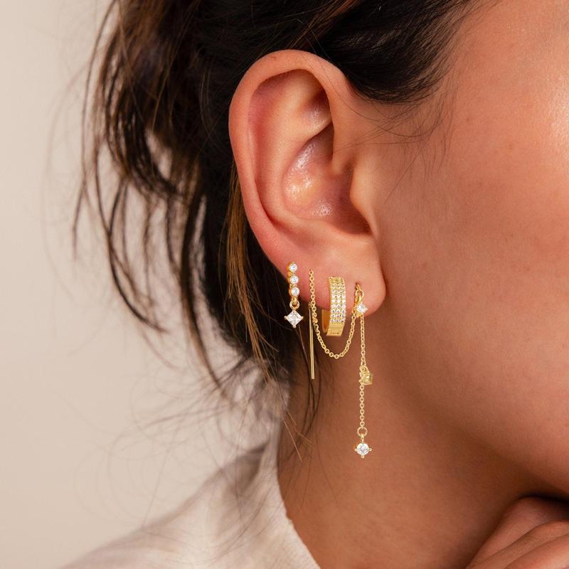 3pc Dainty Diamond Accented Earrings Stack