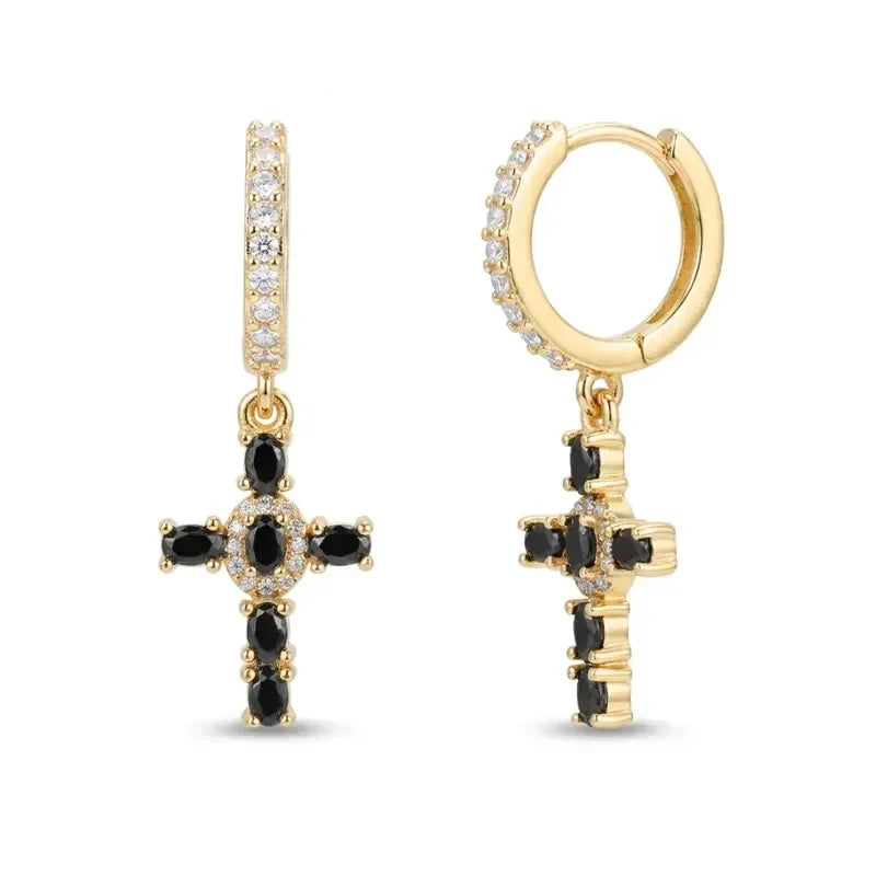 Dainty Colorful Gem Set Cross Earrings