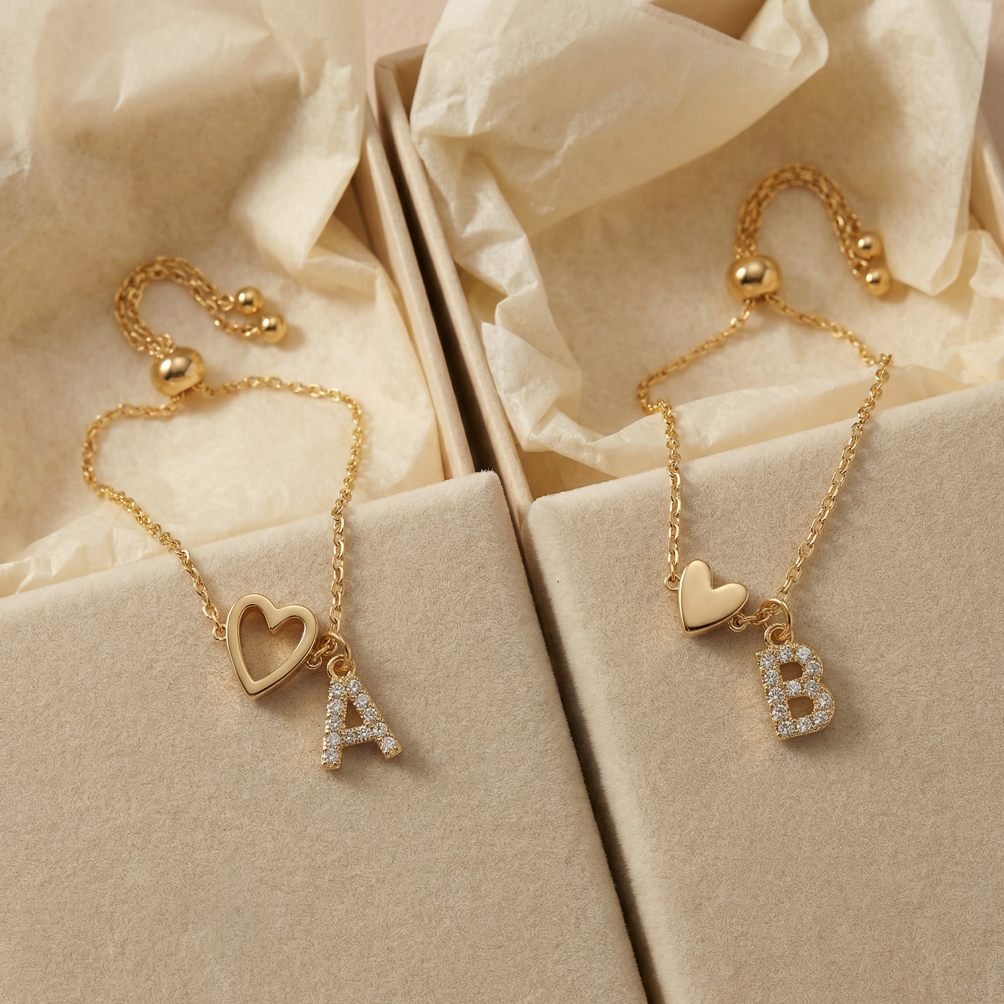 18k Linked Hearts Bond Initial Bracelets