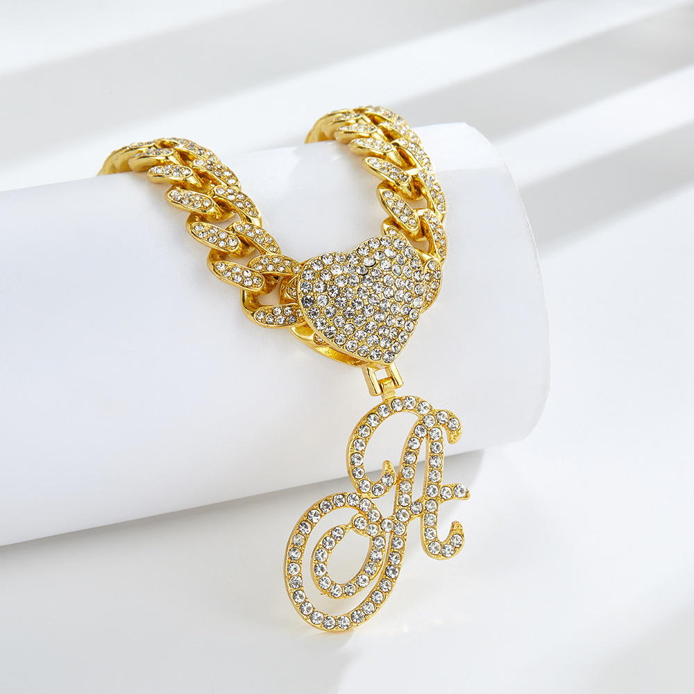 Cursive Diamond Accented Initial Cuban Heart Necklace