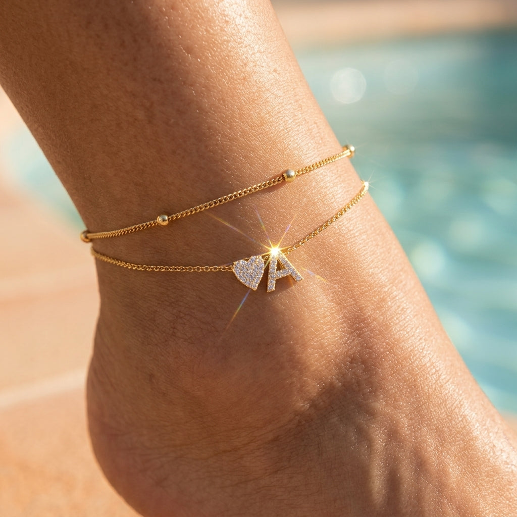 Layered Satellite & Heart Initial Anklet