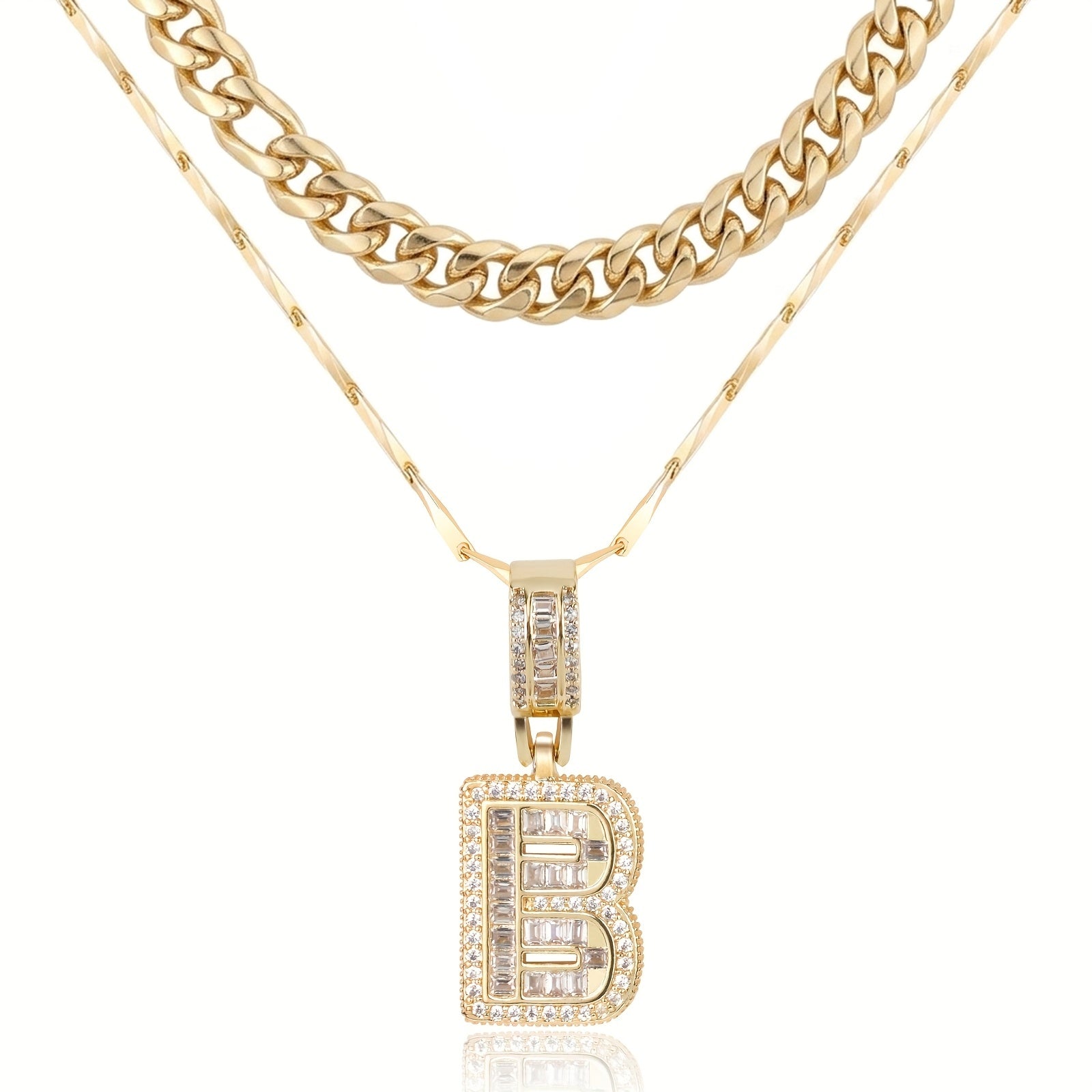 2pc 14k Layered Cuban & Initial Necklaces