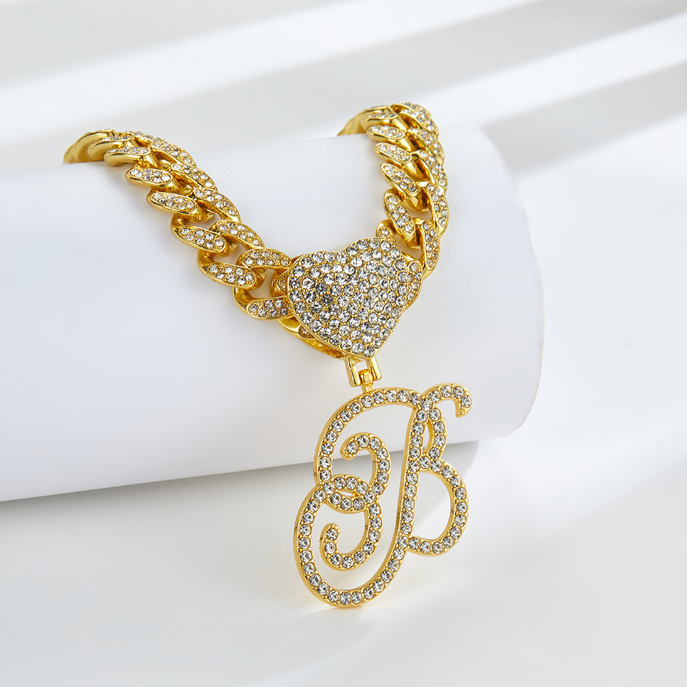 Cursive Diamond Accented Initial Cuban Heart Necklace