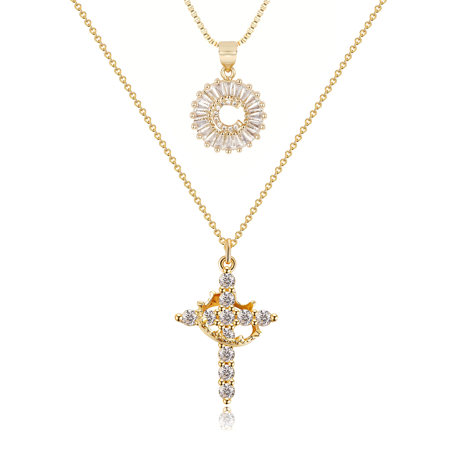 2pc 14k Diamond Cross Crown & Initial Necklace Set