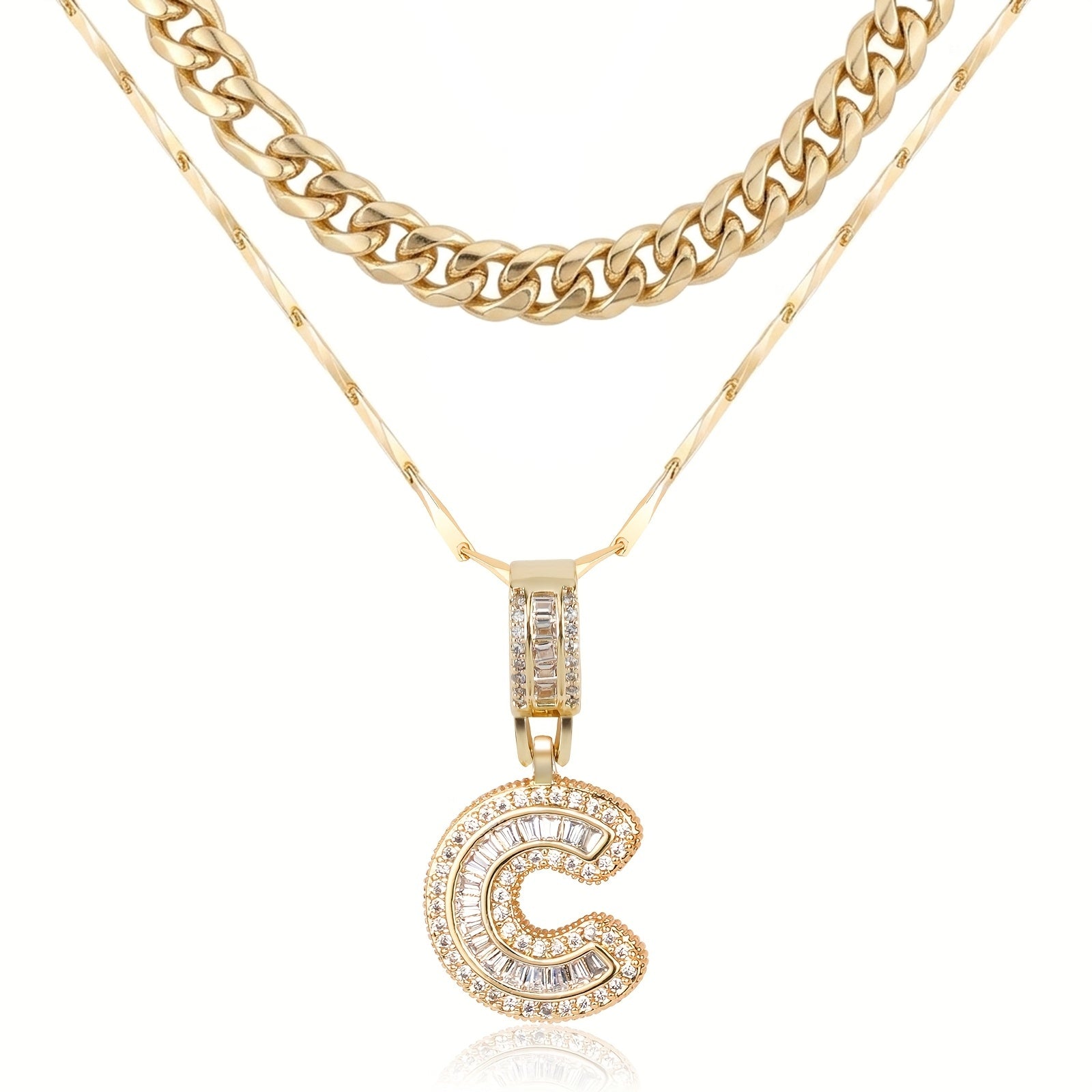 2pc 14k Layered Cuban & Initial Necklaces