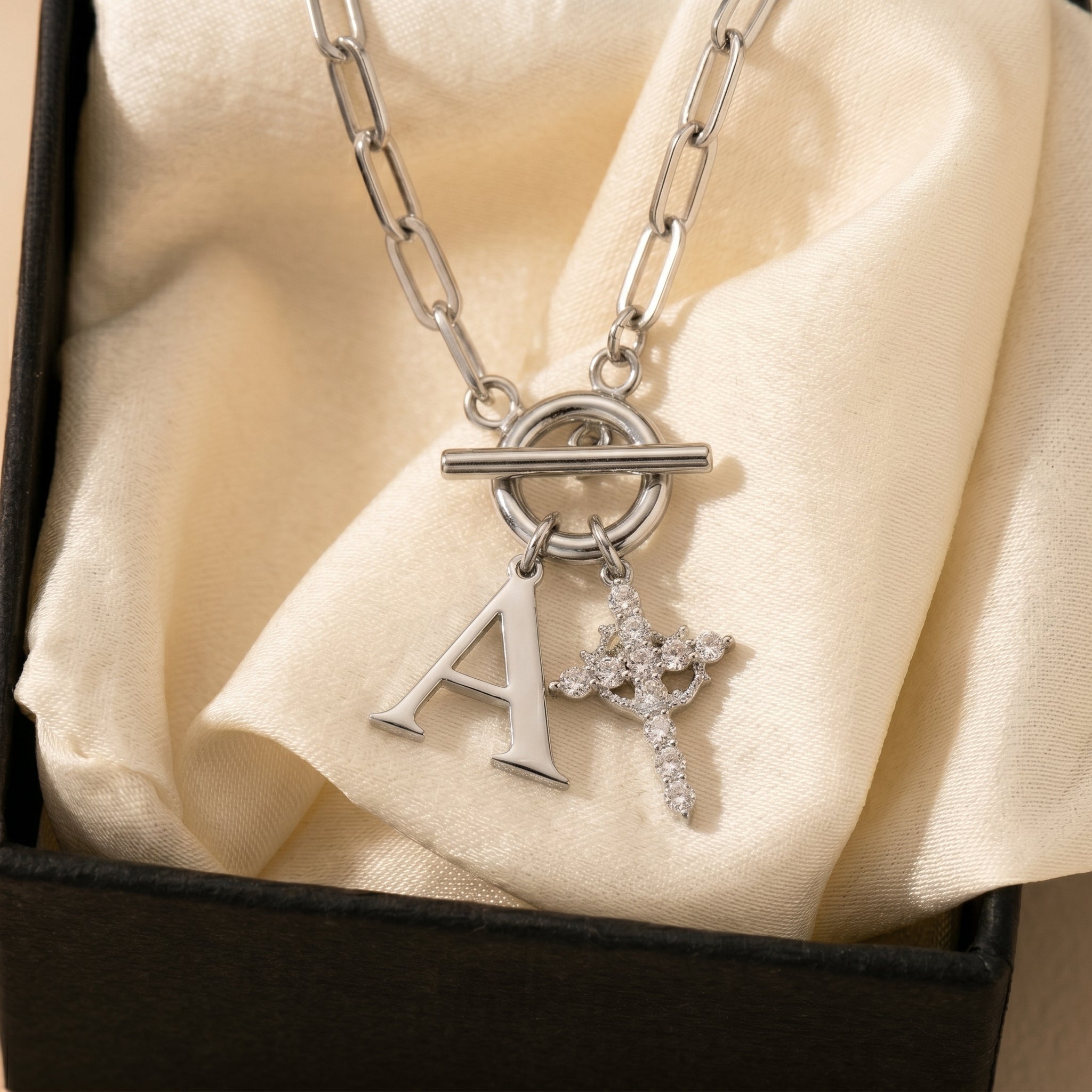 Paperclip Initial & Cross Toggle Clasp Necklace