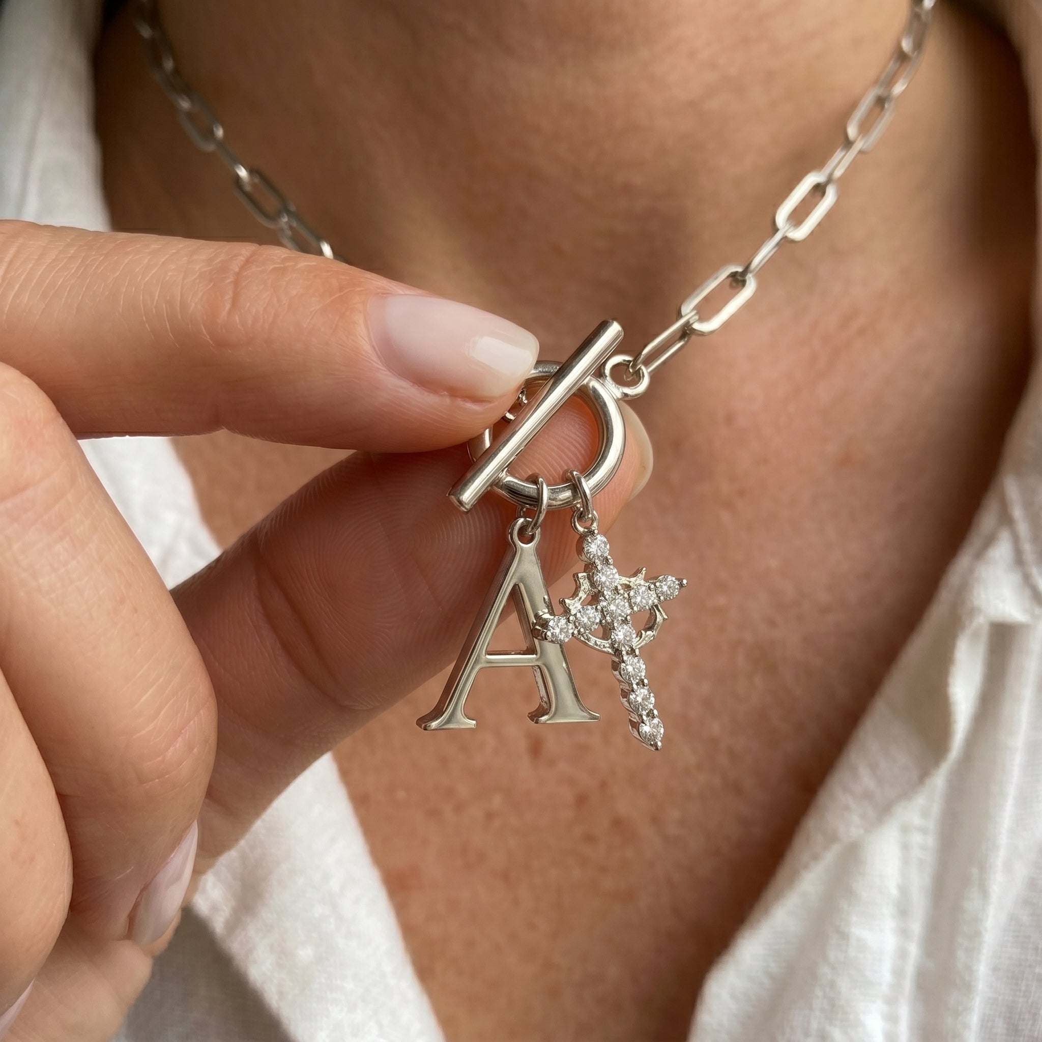 Paperclip Initial & Cross Toggle Clasp Necklace