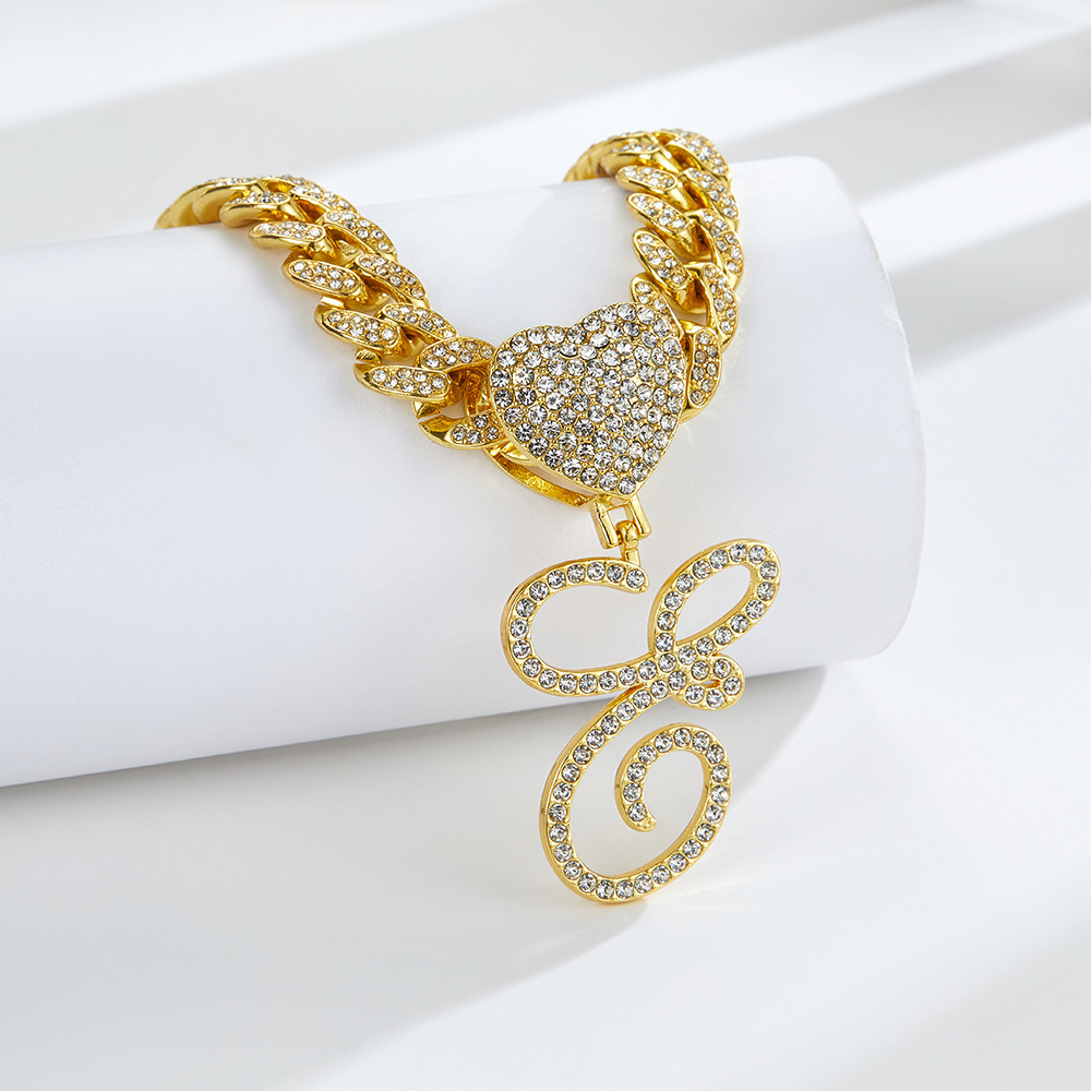 Cursive Diamond Accented Initial Cuban Heart Necklace