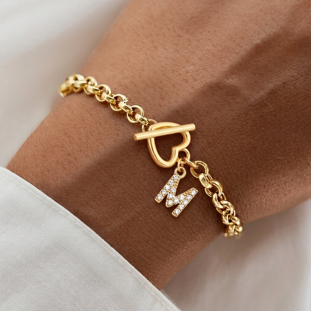Heart Toggle Clasp Initial Bracelet