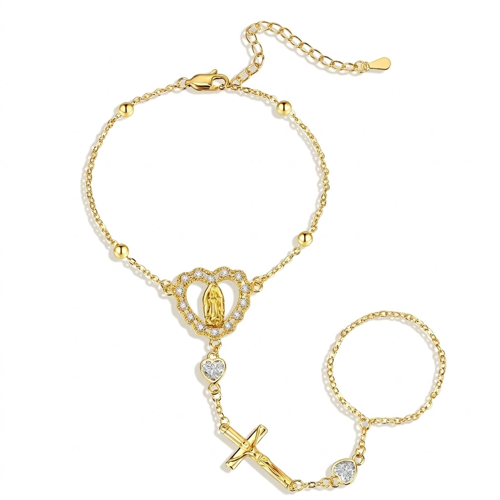 14k Virgin Mary & Jesus Christ Heart Cross Hand Chain