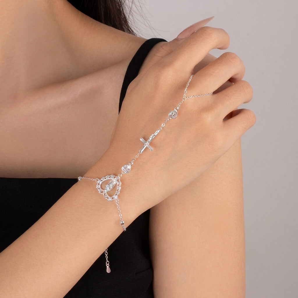 14k Virgin Mary & Jesus Christ Heart Cross Hand Chain
