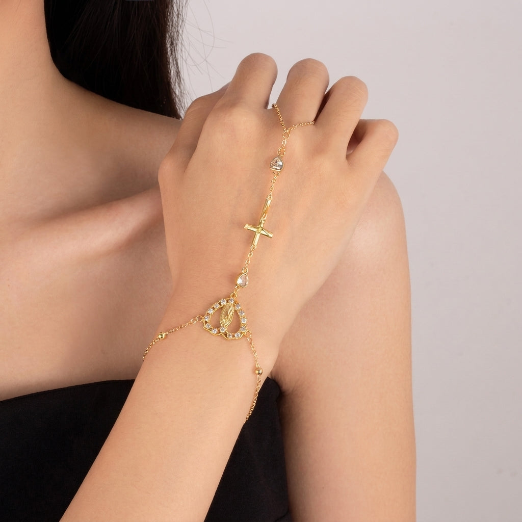 14k Virgin Mary & Jesus Christ Heart Cross Hand Chain