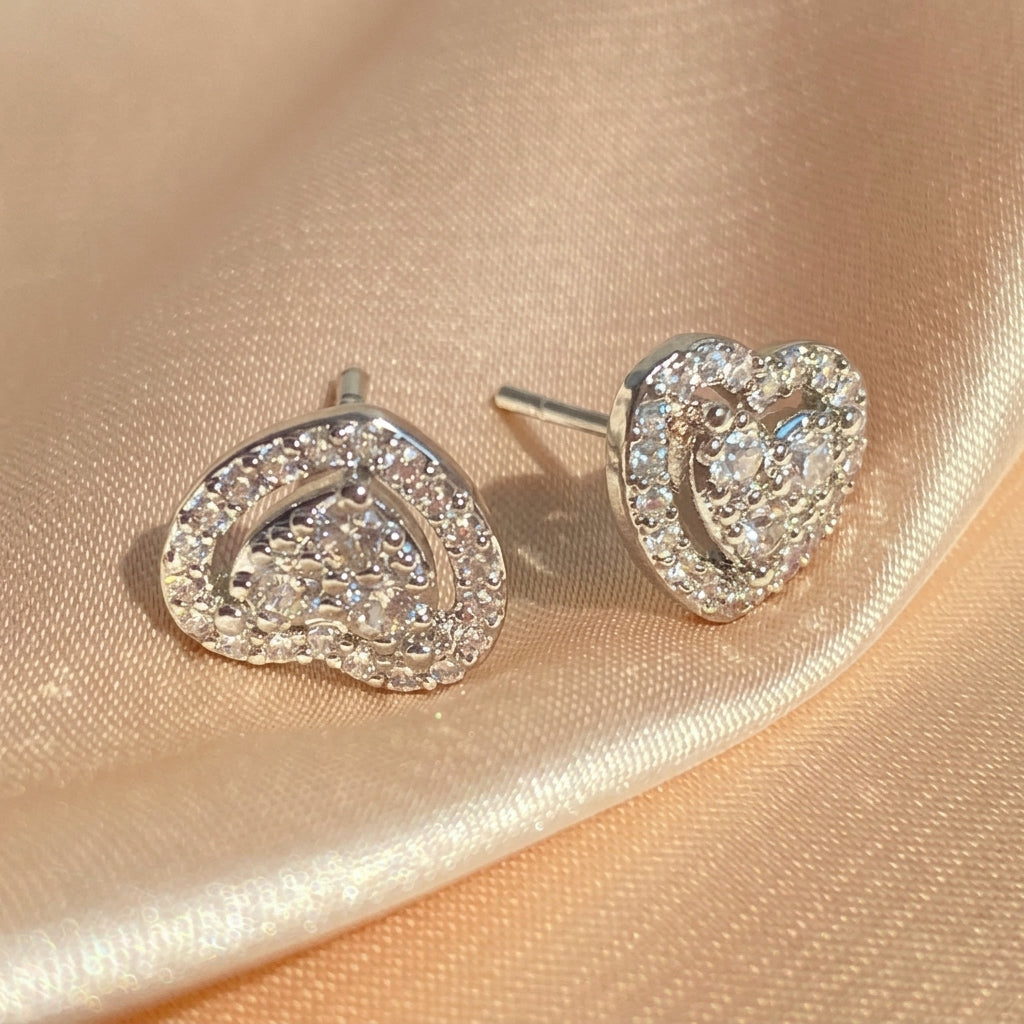 Elegant CZ Heart Stud Earrings
