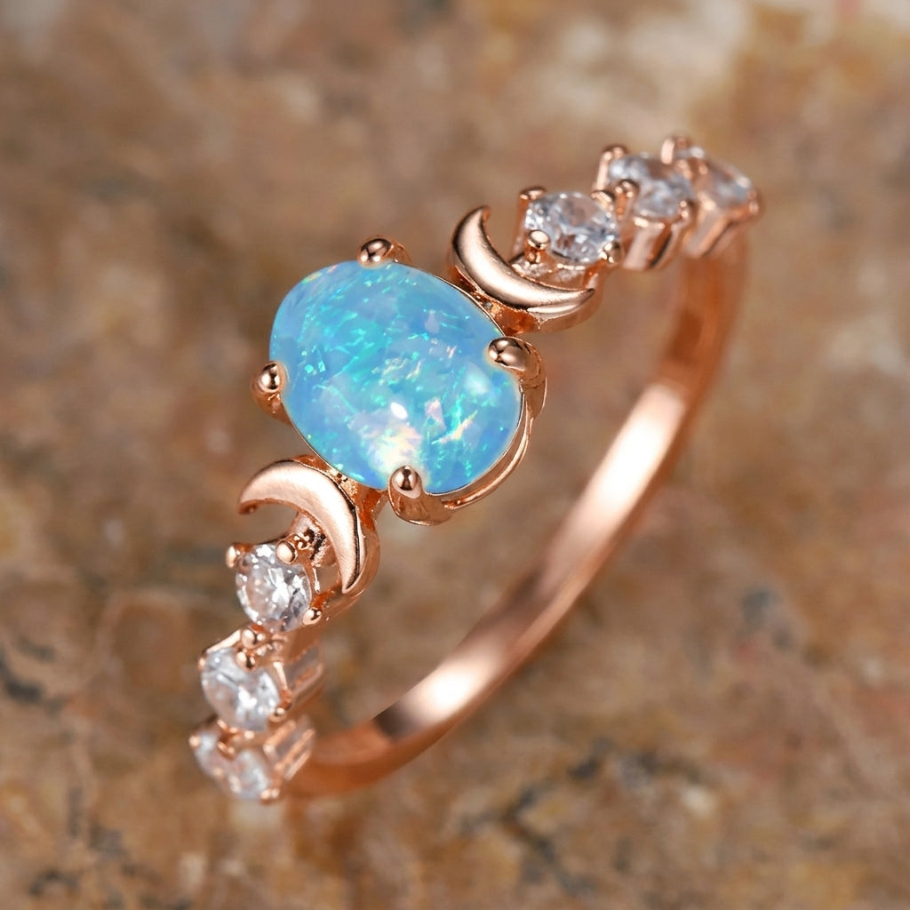 Crescent Moon Opal Center Ring