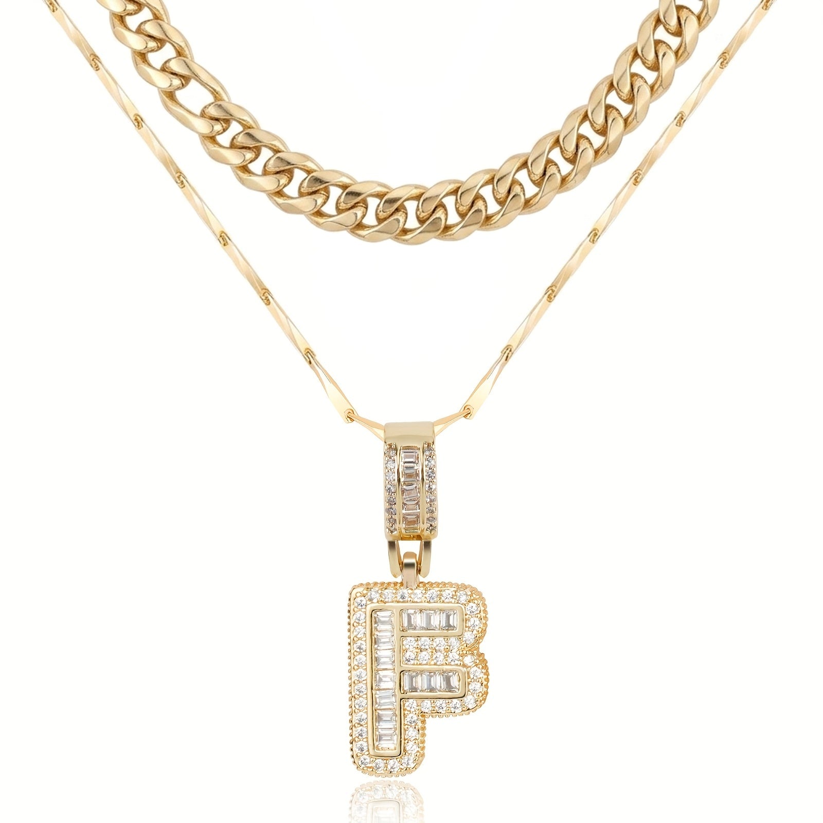 2pc 14k Layered Cuban & Initial Necklaces