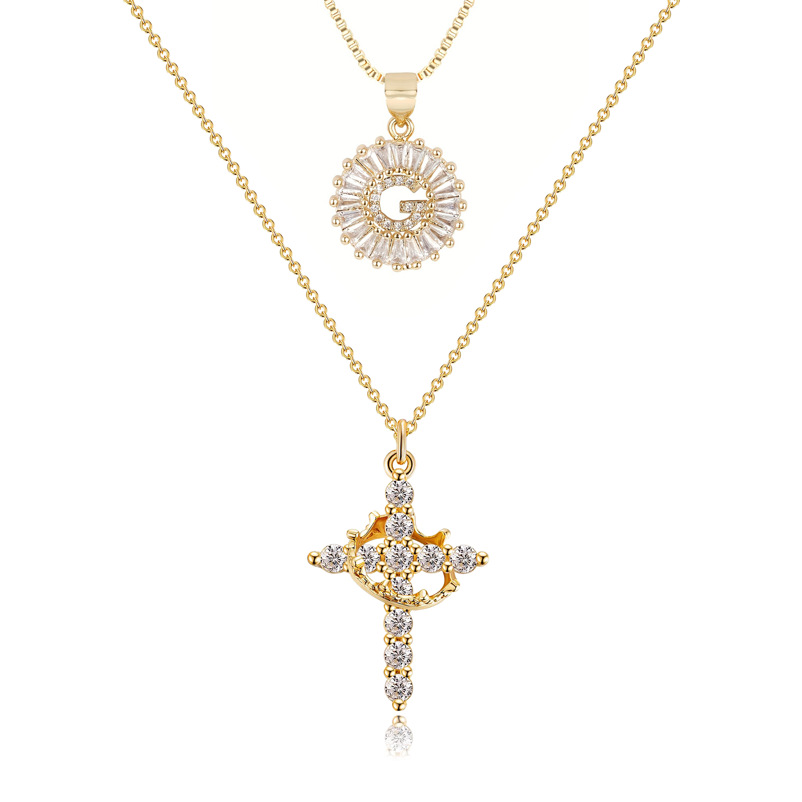 2pc 14k Diamond Cross Crown & Initial Necklace Set