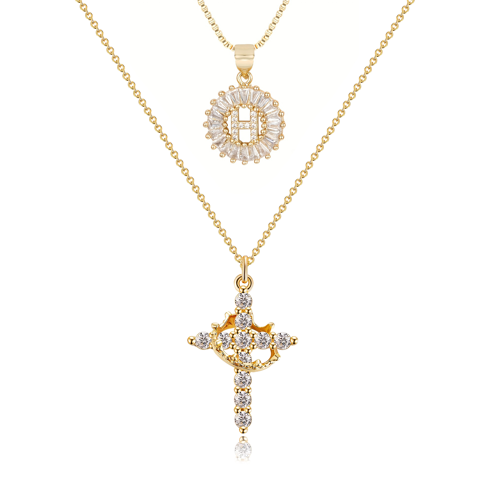 2pc 14k Diamond Cross Crown & Initial Necklace Set
