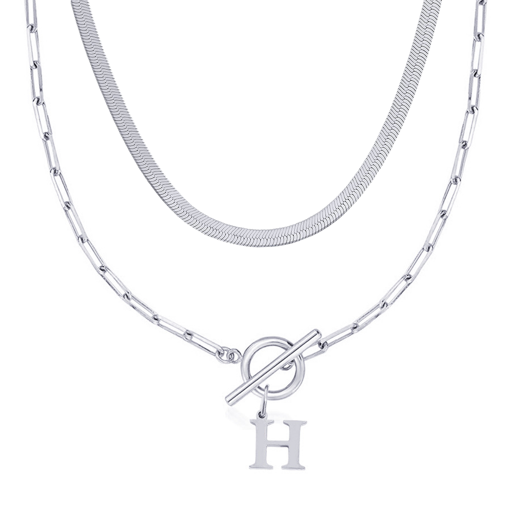 2pc Paperclip Initial Toggle Clasp & Herringbone Necklace Set