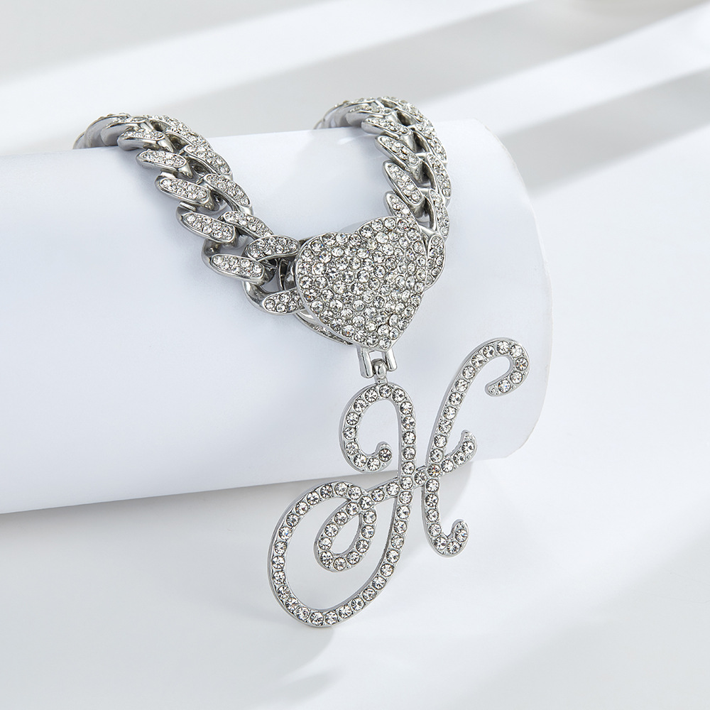 Cursive Diamond Accented Initial Cuban Heart Necklace