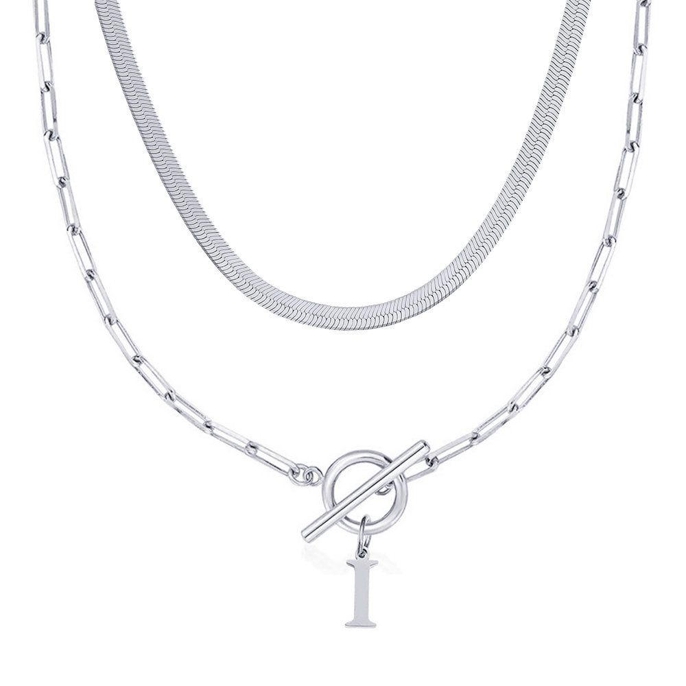 2pc Paperclip Initial Toggle Clasp & Herringbone Necklace Set