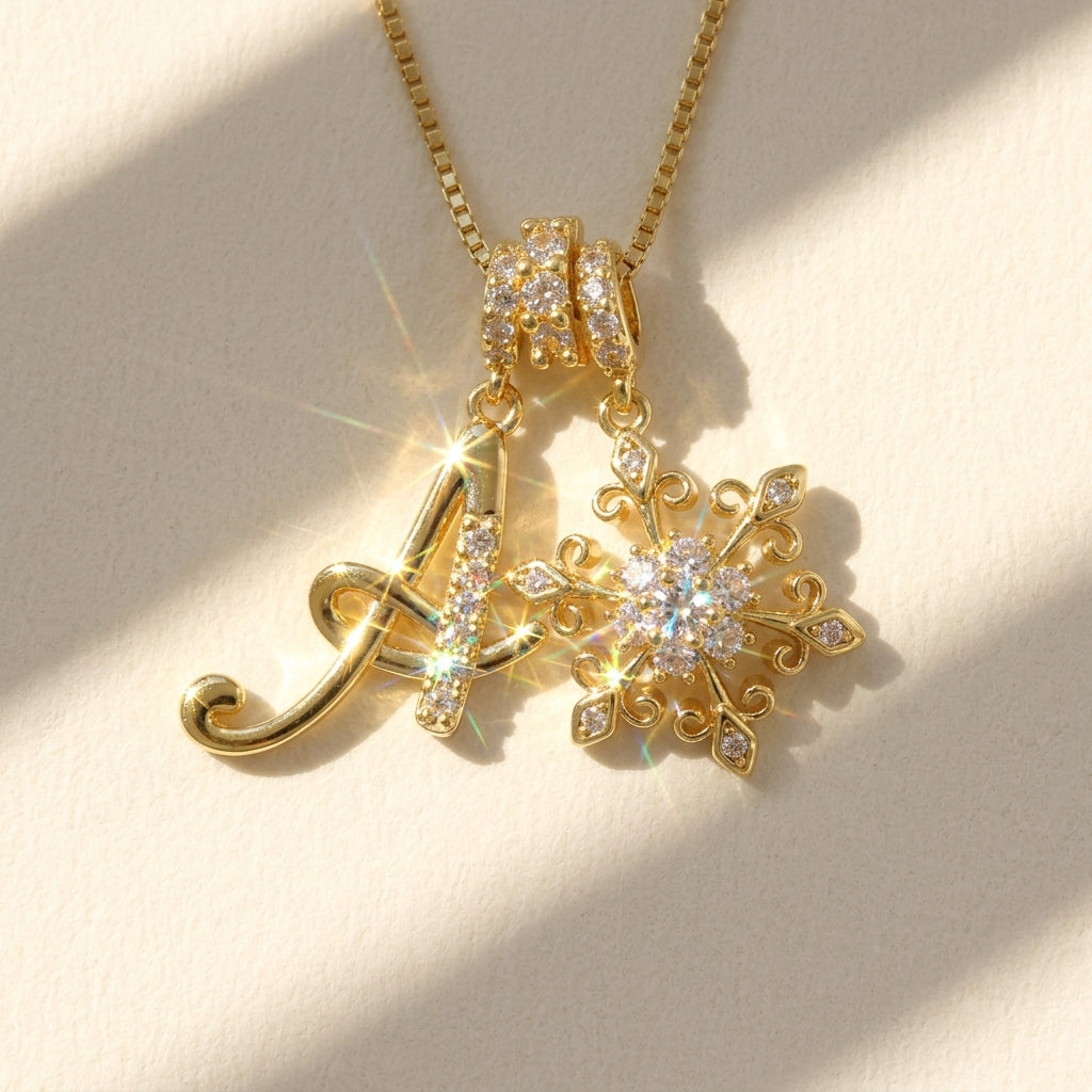 14k Elegant Initial & Snowflake Necklace